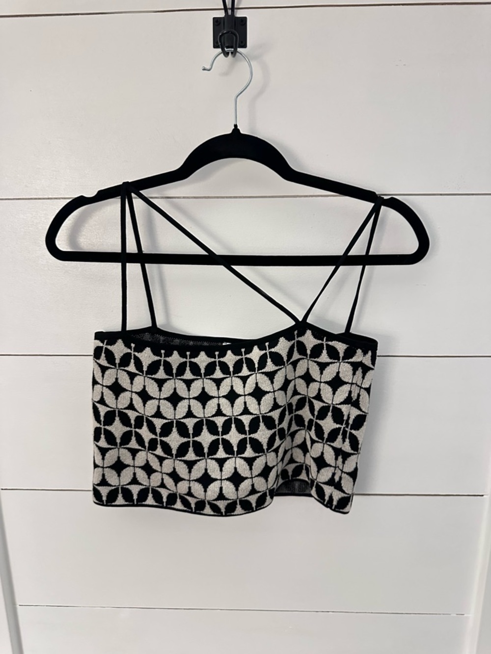 ZARA M Knit 2 Piece Set Crop Cardigan + Strappy Cami Black Cream Geometric Print - Picture 5 of 12